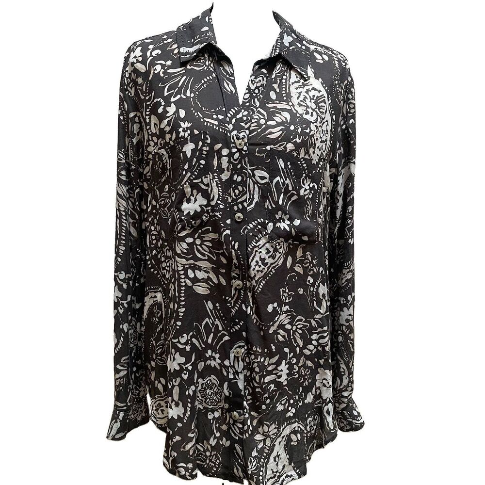 Pilcro Anthropologie Chocolate Brown Paisley Button Down Blouse Large L Boho